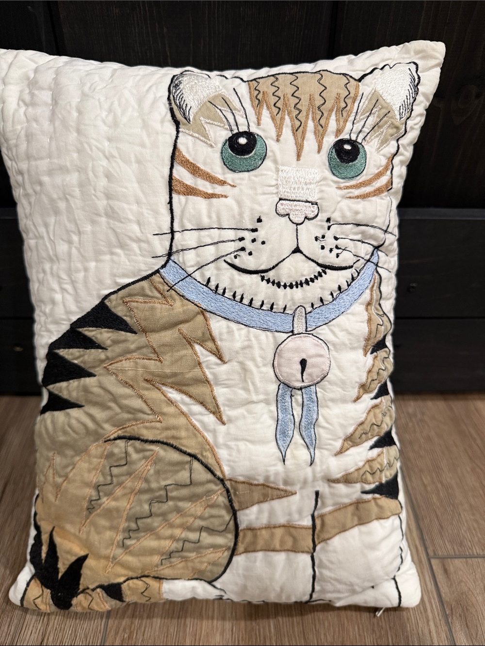 Quilted and Embroidered Cat Decorative Pillow - 10x14